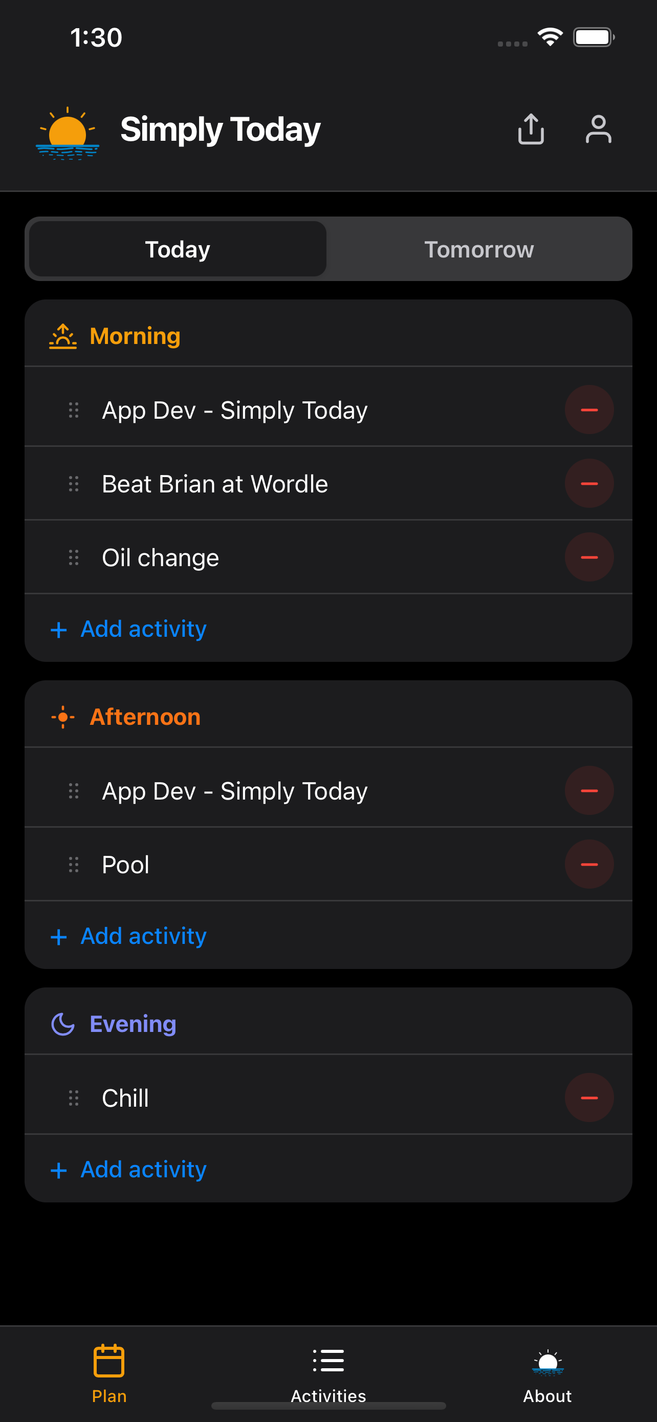 Simply Today daily planner screen showing morning, afternoon, and evening activities