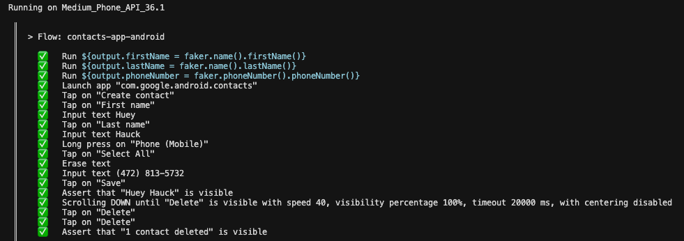 Maestro console output from Android Contacts app test